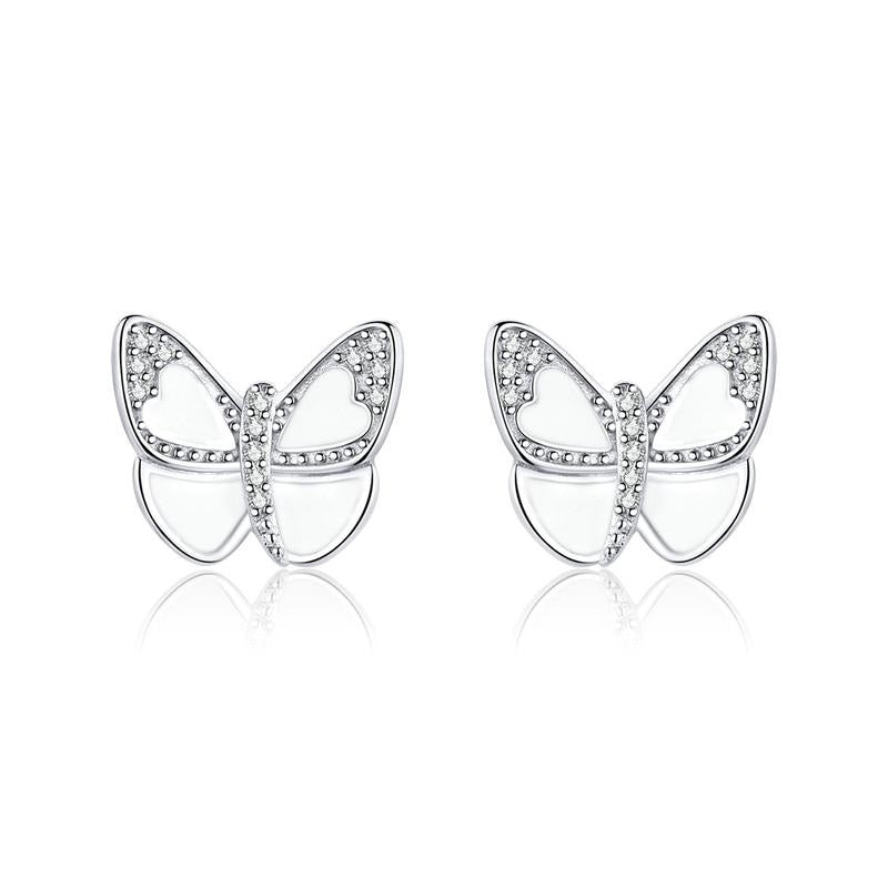 925 Sterling Silver White Enamel Butterfly Stud Earrings