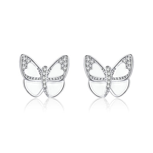 925 Sterling Silver White Enamel Butterfly Stud Earrings