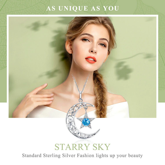 Romantic 925 Sterling Silver Sparkling Moon And Star Necklaces