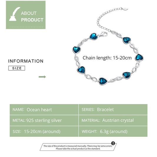 Sterling Silver 925 Blue Heart Bracelet for Women