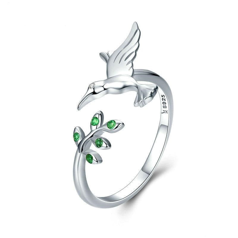 Authentic 925 Sterling Silver Bird Spring Tree Leaves Ring