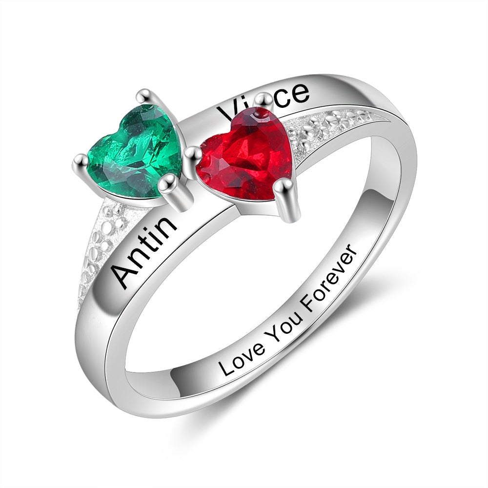 Anillo personalizado con dos piedras de nacimiento de corazón en plata de ley 925