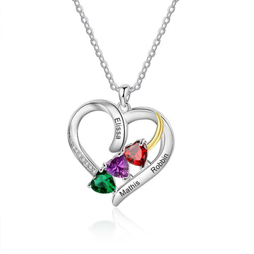 Customized Heart 3 Birthstone Personalized Engraved Name Necklace