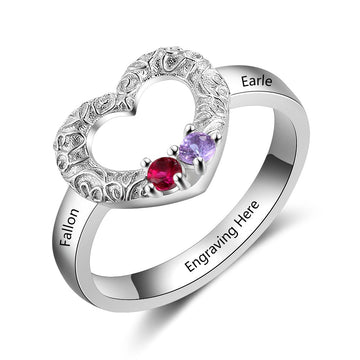 Customized Heart 2 birthstones 925 Sterling Silver Personalized Name Ring
