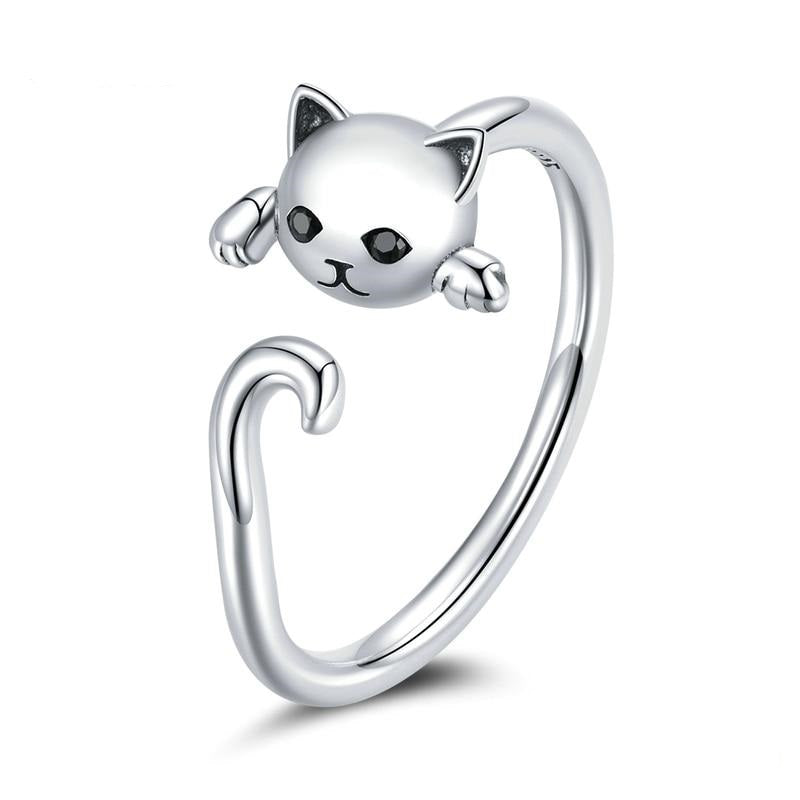 Real 925 Sterling Silver Cute Cat Ring