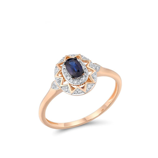 Genuine 14K 585 Rose Gold Ring For Women Sparkling Diamond OVAL Blue Sapphire Ring Engagement Anniversary Fine Jewelry