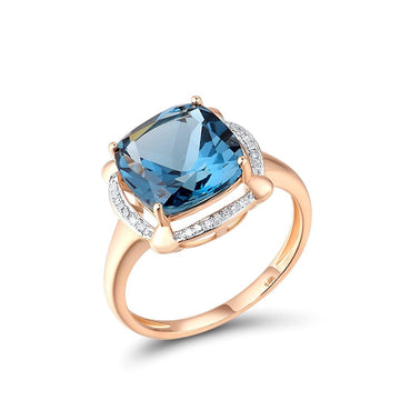 Genuine 14K 585 Rose Gold Ring Sparkling Diamond London Blue Topaz Wedding Anniversary Fine Jewelry