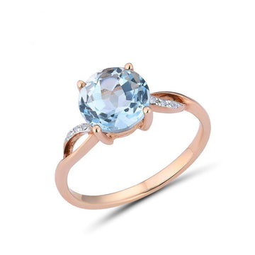 Genuine 14K 585 Rose Gold Ring Sparkling Diamond Sky Blue Topaz Wedding Anniversary Fine Jewelry