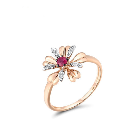 Genuine 14K 585 Rose Gold Ruby Diamond Flower Ring For Lady Wedding Engagement Anniversary Trendy Gift Fine Jewelry