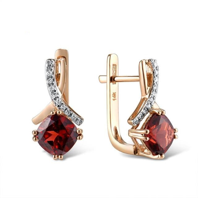 14K 585 Rose Gold Radiant Garnet Sparkling Diamond Earrings