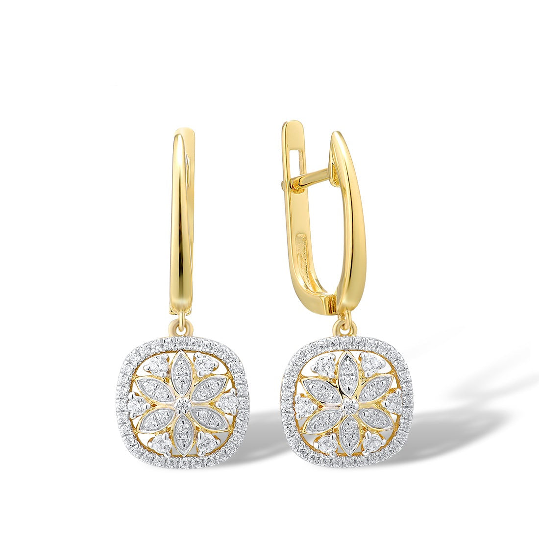 Pendientes colgantes de flor de diamantes brillantes en oro amarillo 585 de 14 quilates