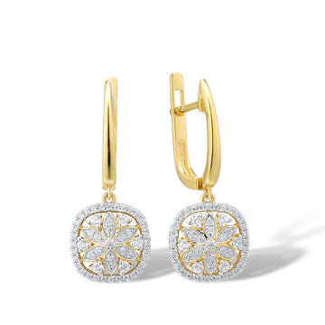 14K 585 Yellow Gold Sparkling Diamond Flower Dangling Earrings