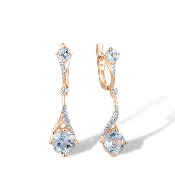 14K 585 Rose Gold Sparkling Blue Topaz Diamond Dangling Earrings