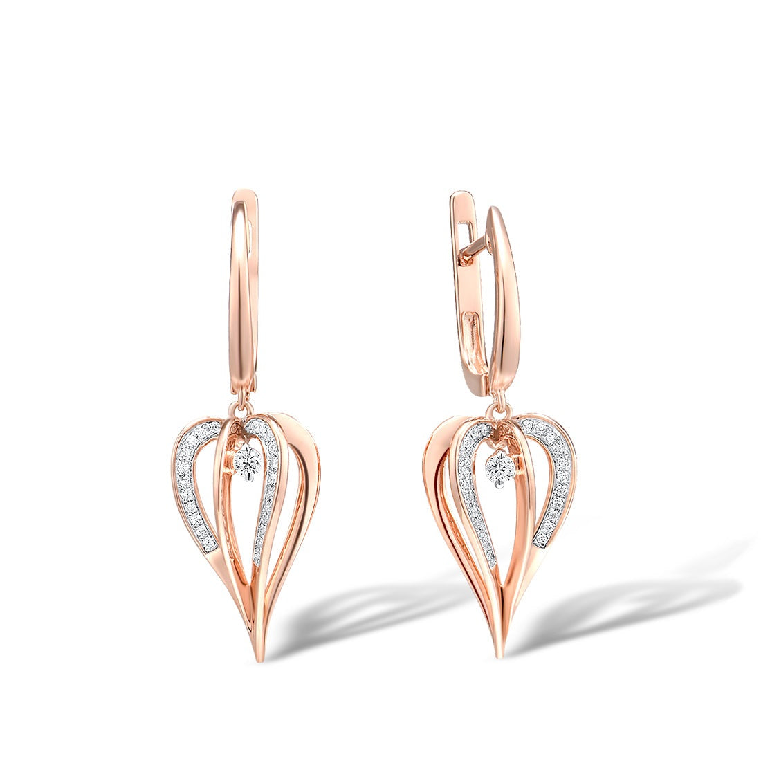 Pure 14K 585 Rose Gold Sparkling Diamond Heart Dangling Earrings