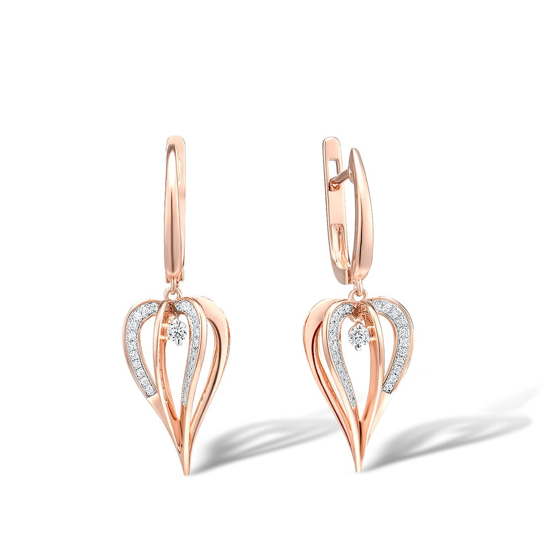 14K 585 Rose Gold Sparkling Diamond Heart Dangling Earrings