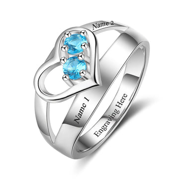 Heart Shape Custom Engrave Names Birthstone Ring
