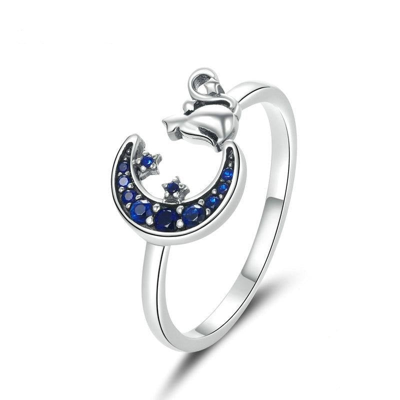 Moon Cat Adjustable 925 Sterling Silver Ring