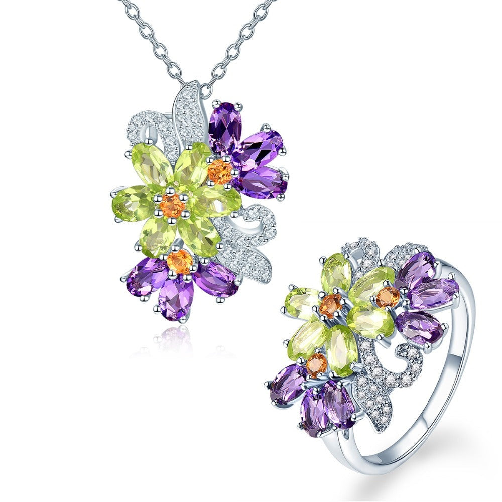 Natural Gemstone Amethyst Peridot Ring Necklace Jewelry Sets