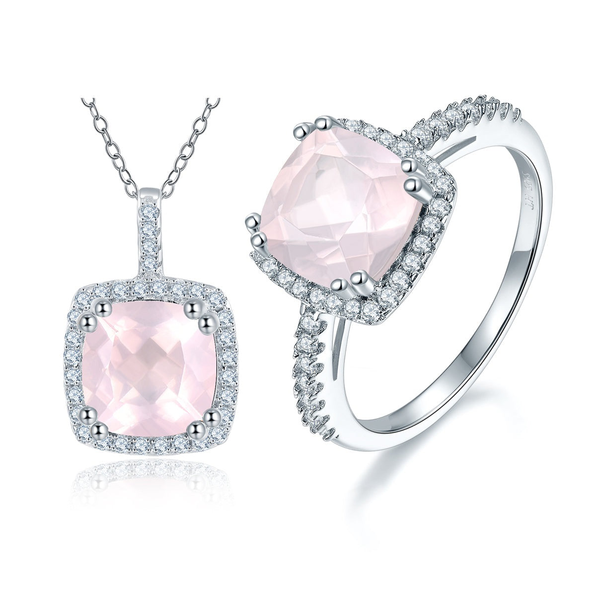 Natural Rose Quartz Sterling Silver Romantic Elegant Design Women Jewelry Set Gifts