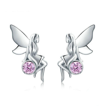 Pendientes de botón de hada de las flores rosa de plata de ley 925
