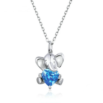 Ocean Blue Heart CZ Elephant Pendant Necklace