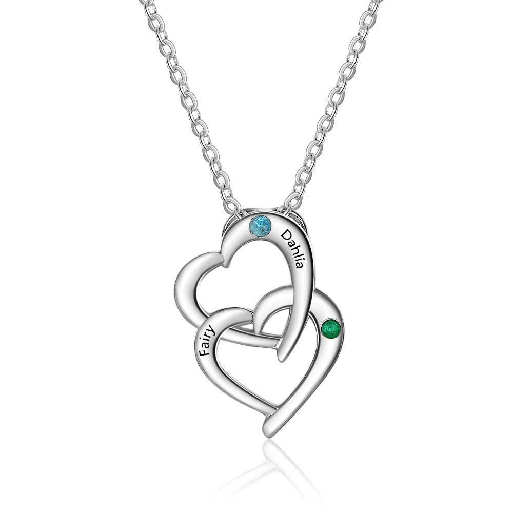 Personalized 925 Sterling Silver Interlocking Heart Necklace with 2 Birthstones Custom Engraved Name Silver Pendants