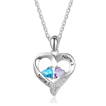 Personalized 925 Sterling Silver Name Necklace with 2 Birthstones Custom Engraved Heart Pendant Necklace Gift