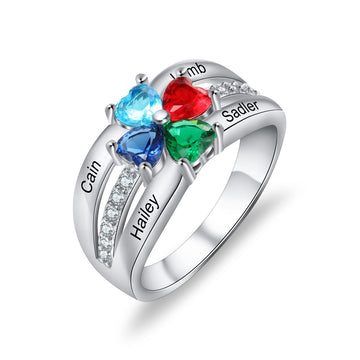 Personalized 4 Heart Birthstones Custom Family Name Ring