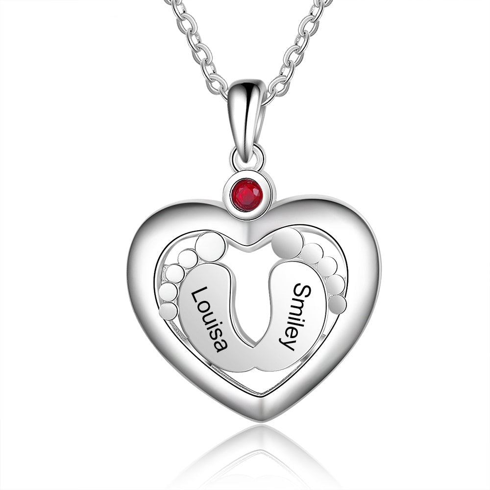 Personalized Baby Feet Heart Pendant Necklace Customized Birthstone Engraved Name Charm Jewelry Gift