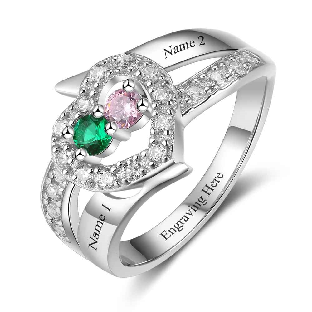 Anillo de plata de ley 925 con piedra de nacimiento personalizada y dos nombres grabados