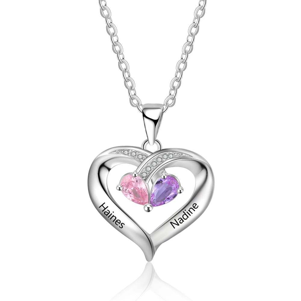 Personalized Birthstone Heart Engraving Names 925 Sterling Silver Necklace