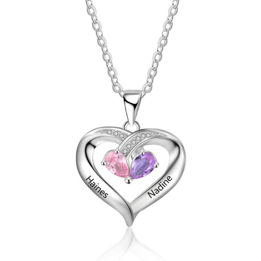 Personalized Birthstone Heart Necklace with Engraving Names 925 Sterling Silver Promise Necklace Gifts