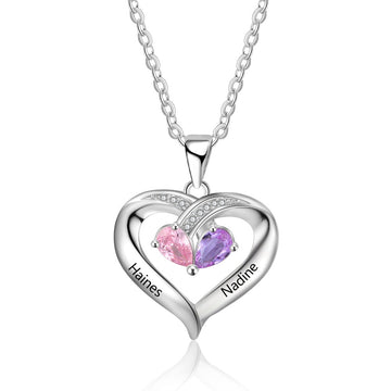 Personalized Birthstone Heart Engraving Names 925 Sterling Silver Necklace