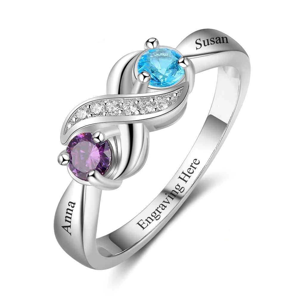 Anillo personalizado con piedra de nacimiento y grabado de infinito con dos nombres
