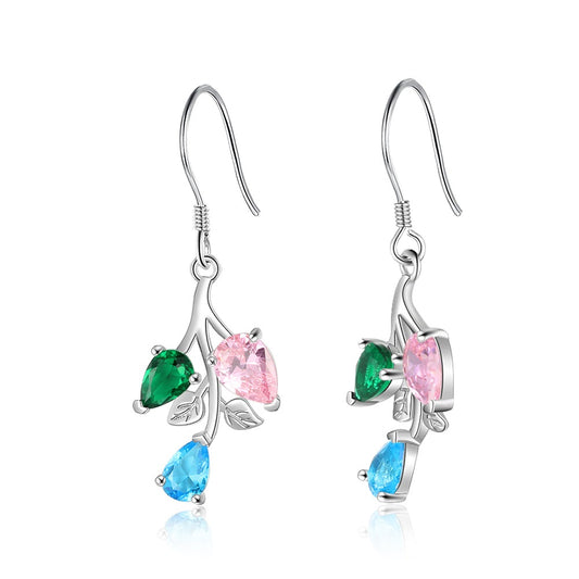 Personalized Branch Leaf Dangle Earrings Customized 3 Birthstones Drop Earrings