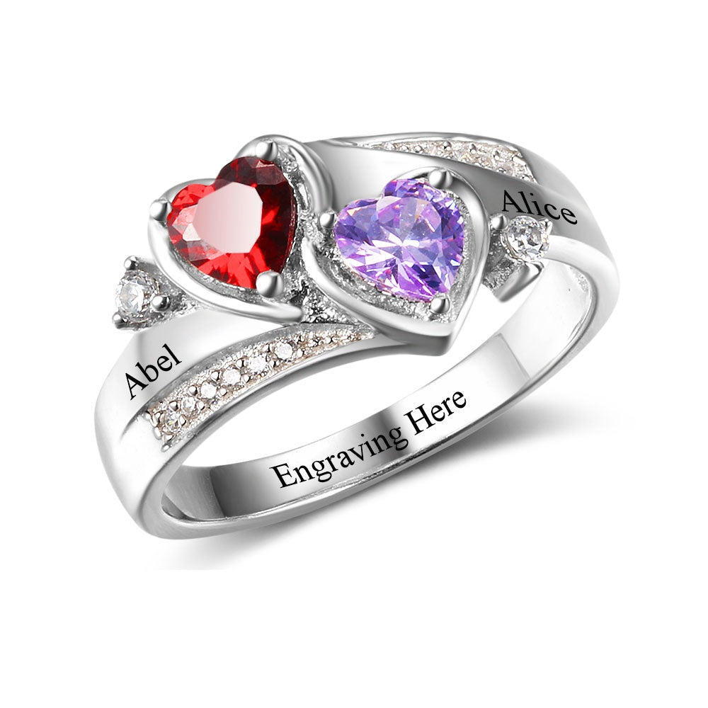 Personalized Engrave Name 2 Heart Birthstone Ring