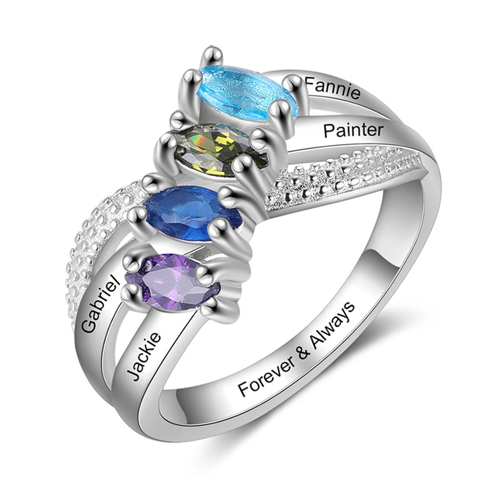 Personalized Family Name Engraved 4 Birthstones Ring