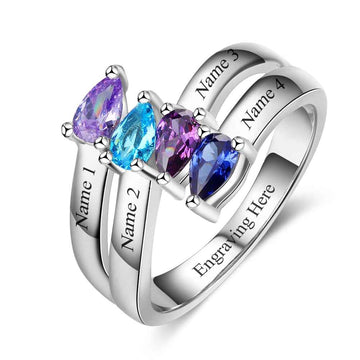 Anillo personalizado de amistad con 4 nombres grabados y piedras de nacimiento
