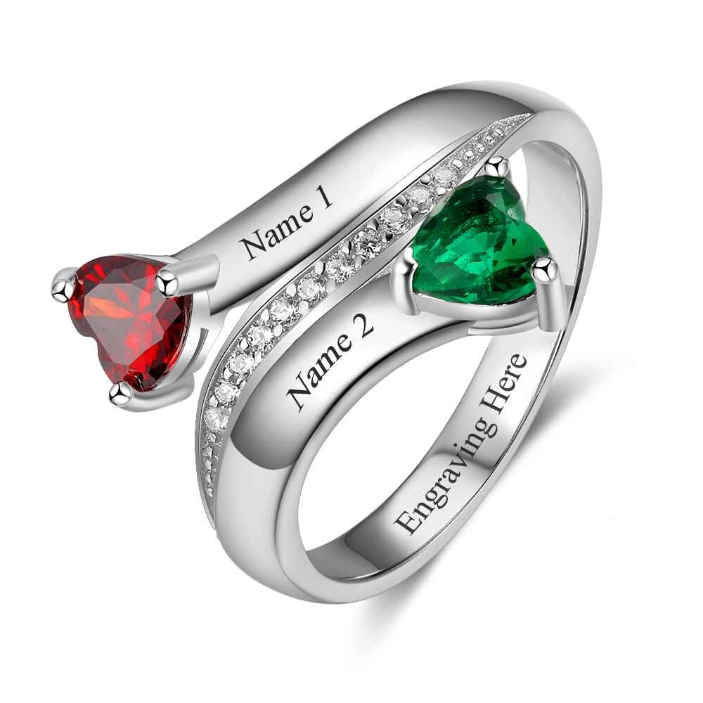 Personalized Heart Birthstone Custom Engrave 2 Names Ring