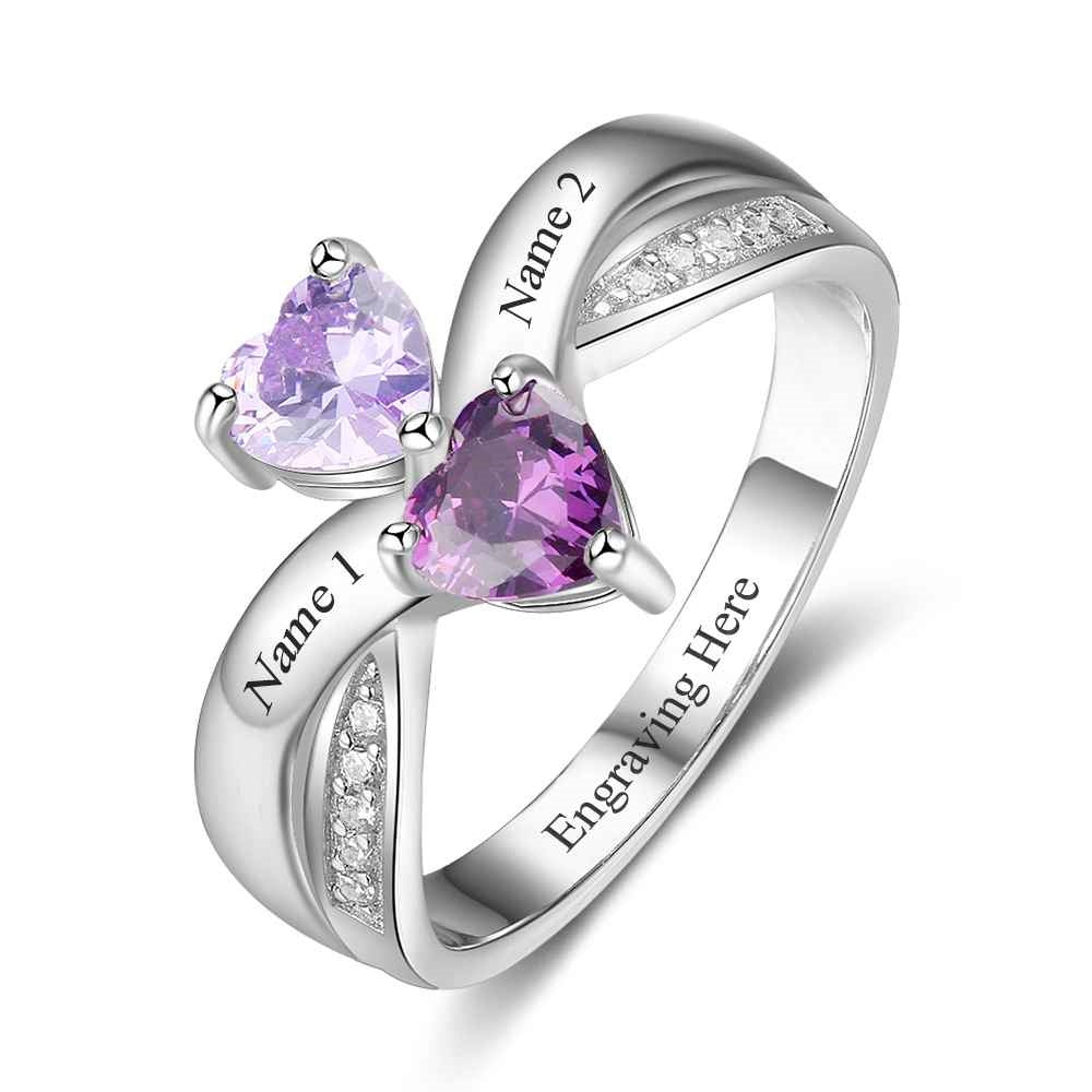 Personalized Heart Birthstone Engrave 2 Names Ring