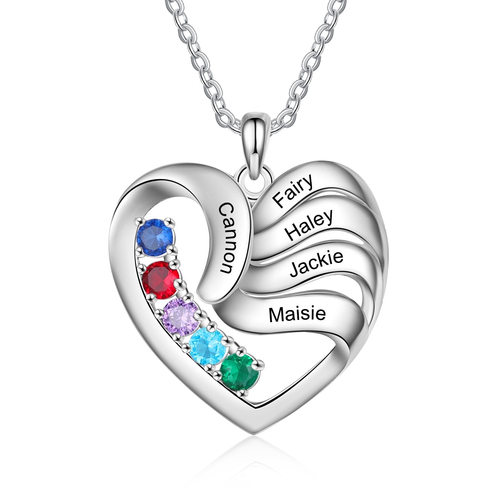 Personalized Heart Necklace with 2-5 Names Customized Birthstone Fashion Jewelry Memorial Gift