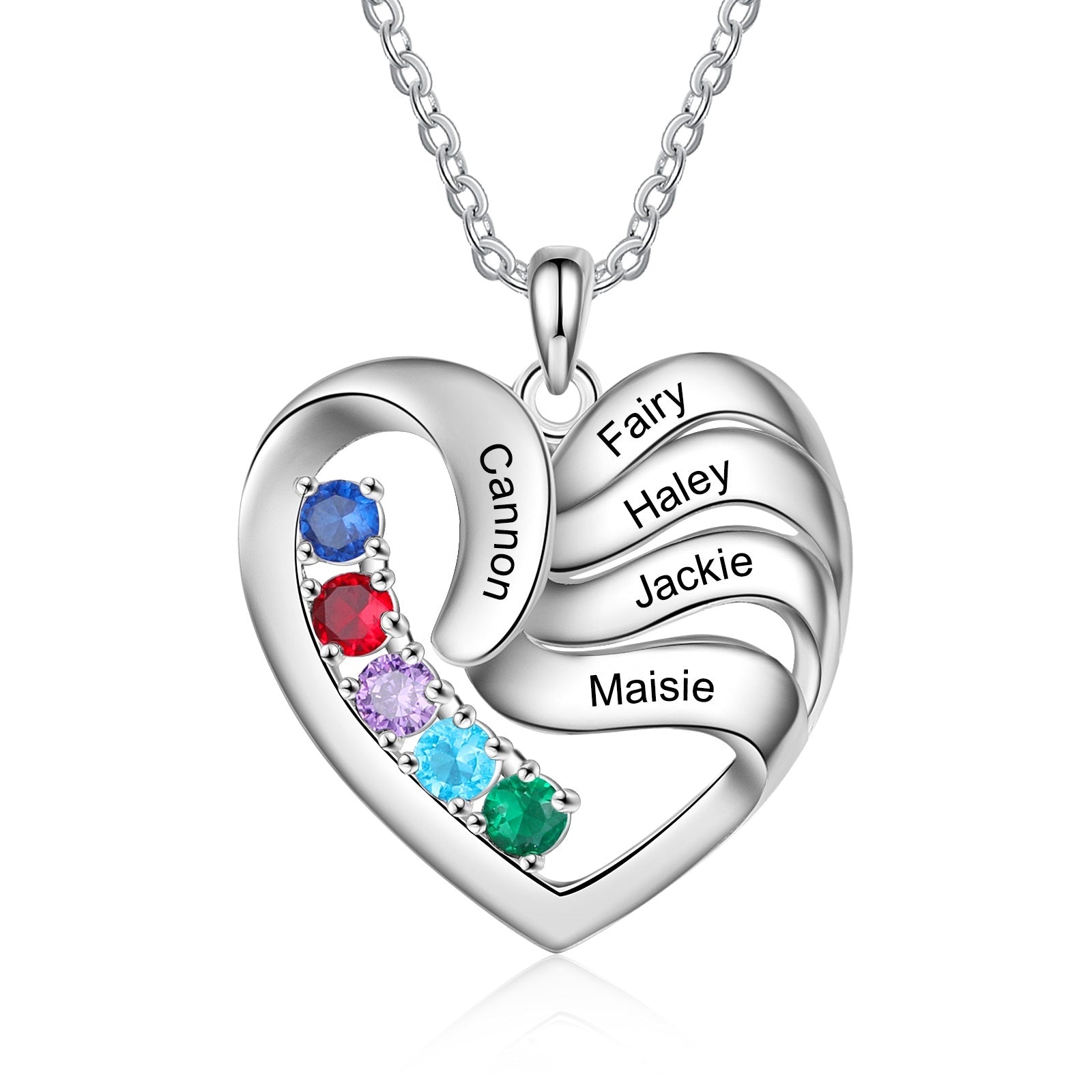 Collar de corazón personalizado con 2-5 nombres y piedra de nacimiento personalizada
