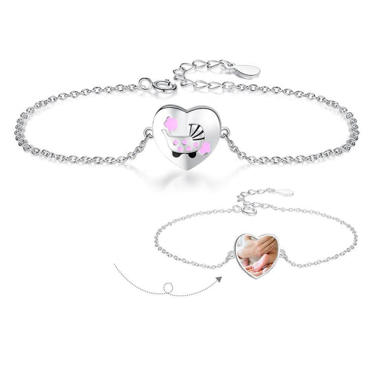 Personalized Silver Pink Enamel Baby Carriage Bracelet