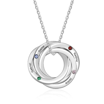 Personalized Intertwined Circle Necklace with Birthstones Custom Family Names Engraved Necklace Gift