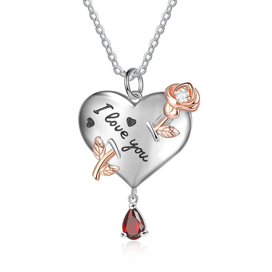 Personalized Name Engraved Necklace with Birthstone I Love you Rose Flower Heart Pendant Gifts