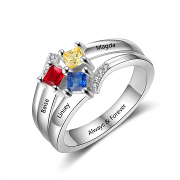 Personalized Name 3 Square Birthstones Ring