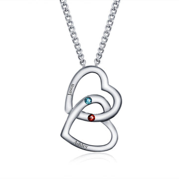 Collar personalizado de plata de ley 925 con corazones fusionados y piedras de nacimiento