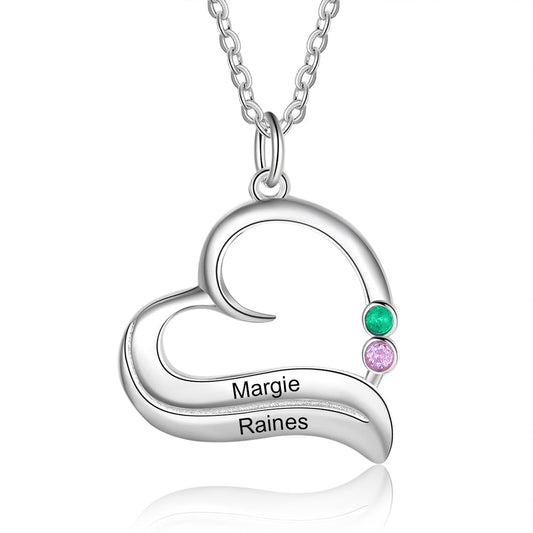 Personalized Silver Color Birthstone Heart Necklace Customized Name Engraved Pendant Necklace Gifts