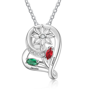 Personalized Sunflower 2 Birthstone Heart Necklace