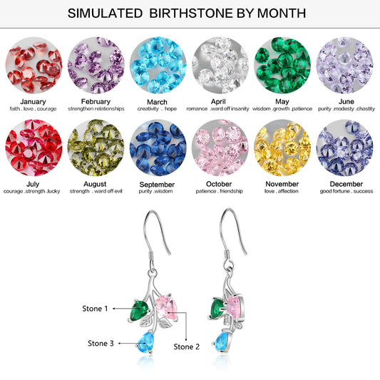 Personalized Branch Leaf Dangle Earrings Customized 3 Birthstones Drop Earrings